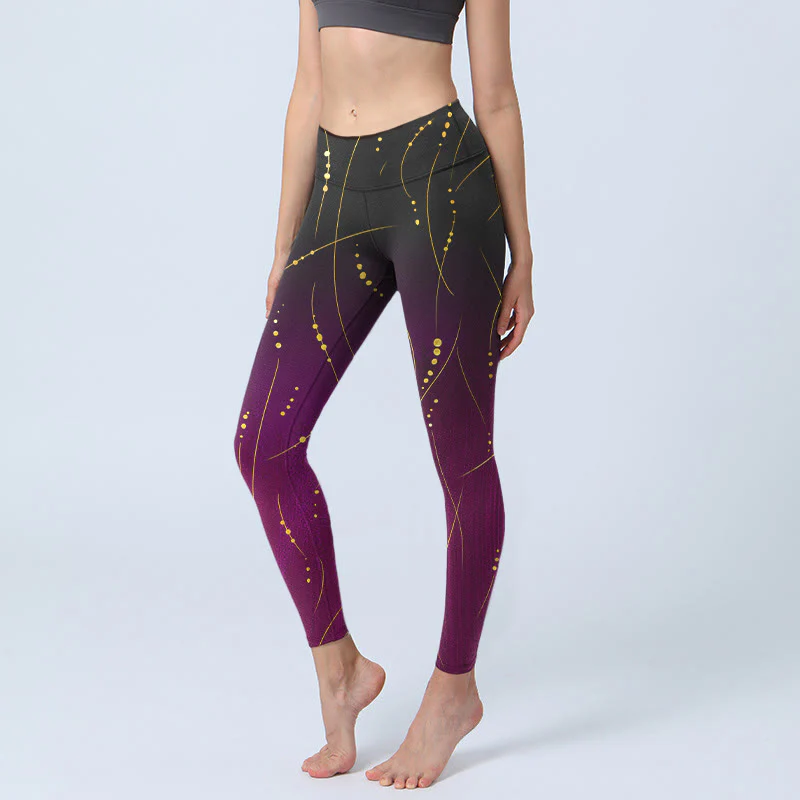 Buddha Stones Abstract Gradient Thin And Long Gold Line Pattern Print Gym Leggings Women's Yoga Pants