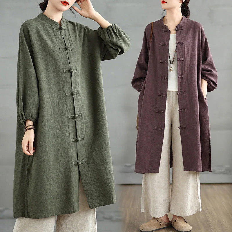 Buddha Stones Casual Frog-button Women's Cotton Linen Coat With Pockets