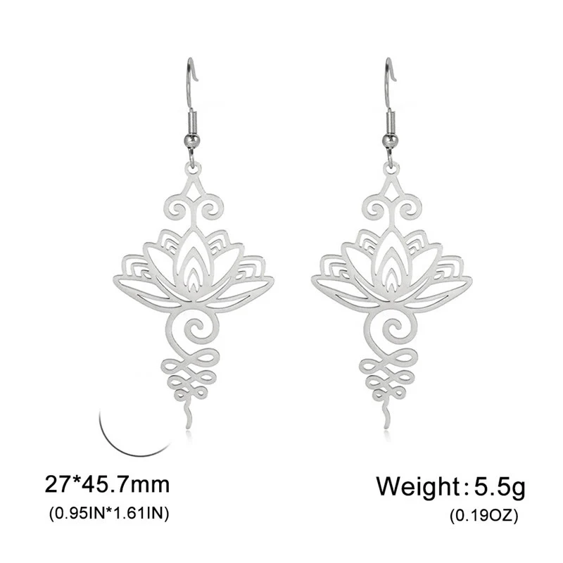 Buddha Stones Hollow Lotus Flower Stainless Steel Enlightenment Metal Drop Earrings