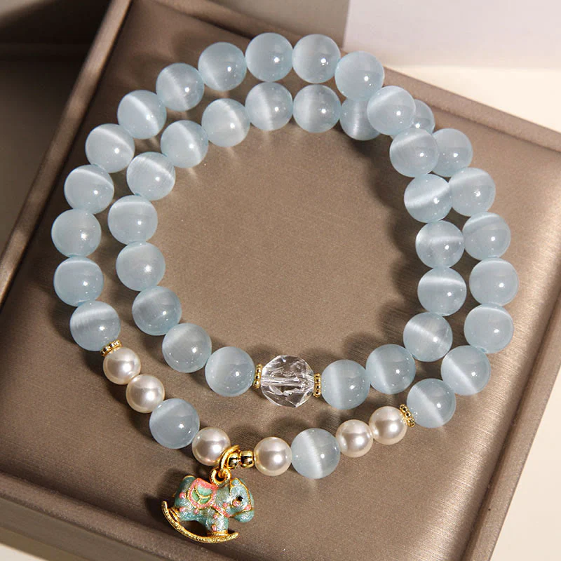 Buddha Stones Blue Cat Eye Trojan Horse Charm Support Double Wrap Bracelet
