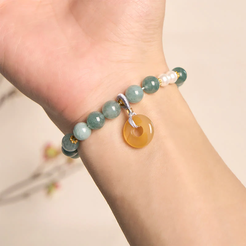 Buddha Stones Blue Jade Peace Buckle Pearl Beads Prosperity Bracelet