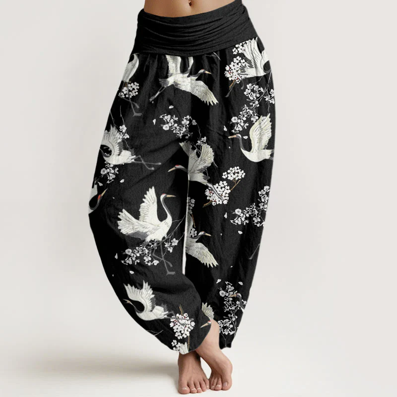 Buddha Stones Casual Elegant Crane Flower Pattern Women's Elastic Waist Harem Pants