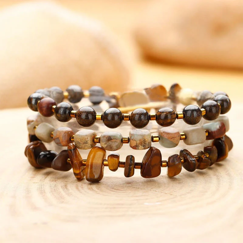 Buddha Stones Bronzite Emperor Stone Tiger Eye Determination Triple Wrap Bracelet