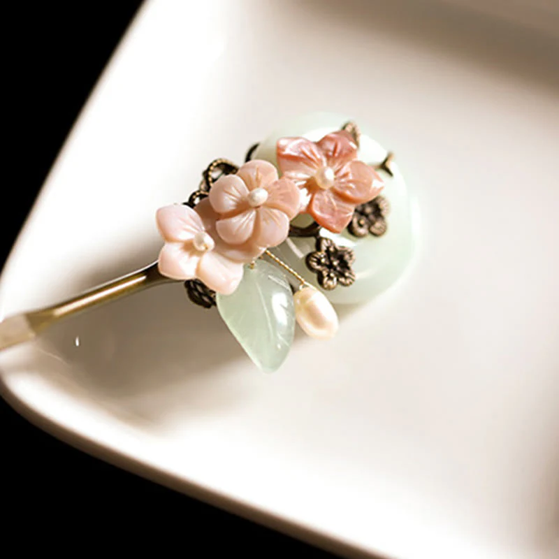 Buddha Stones Copper Jade Shell Flower Leaves Luck Hairpin