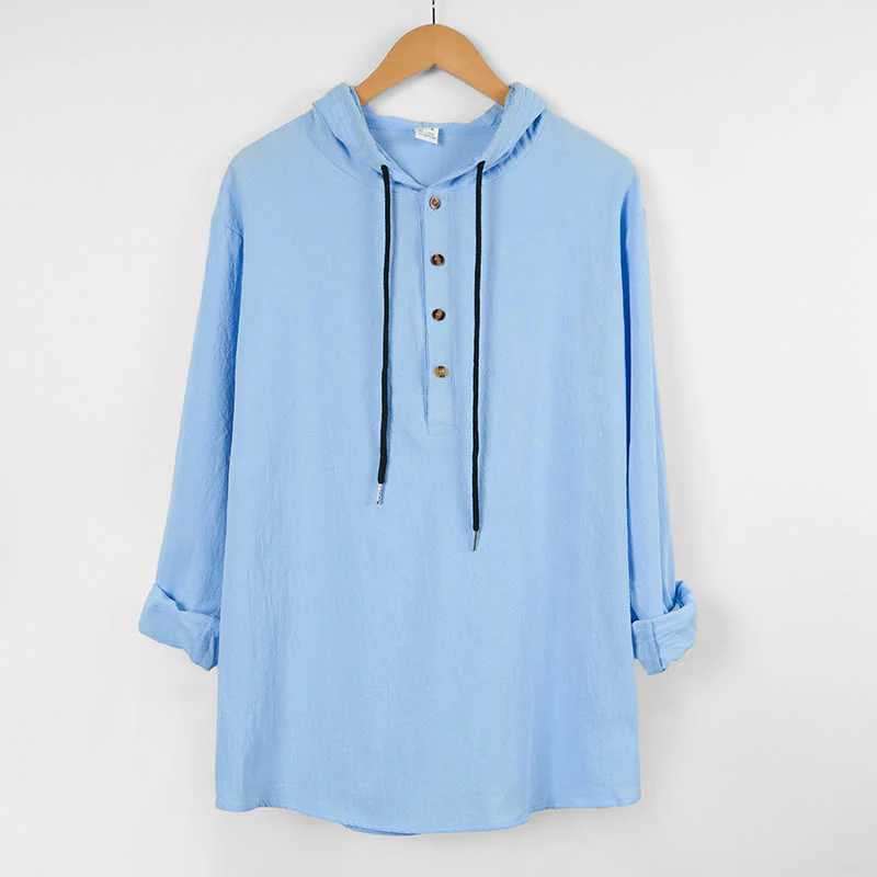 Buddha Stones Solid Color Fall Half Buttons Men's Hooded Long Sleeve Cotton Shirt