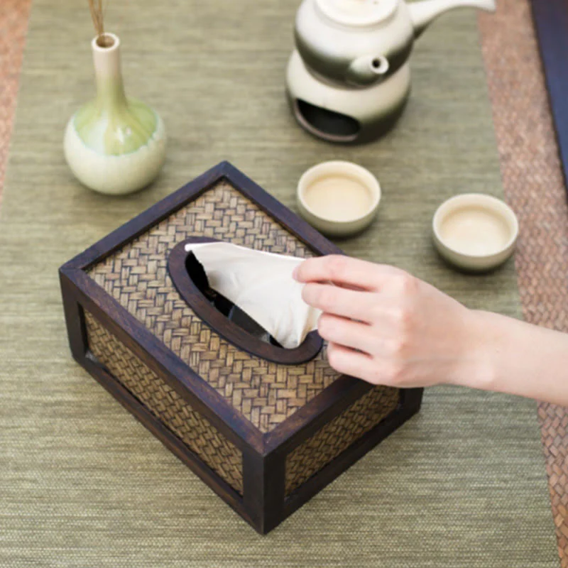 Buddha Stones Handmade Bamboo Woven Wood Tissue Box Wooden Tissue Holder Wipes Boxes Decoration
