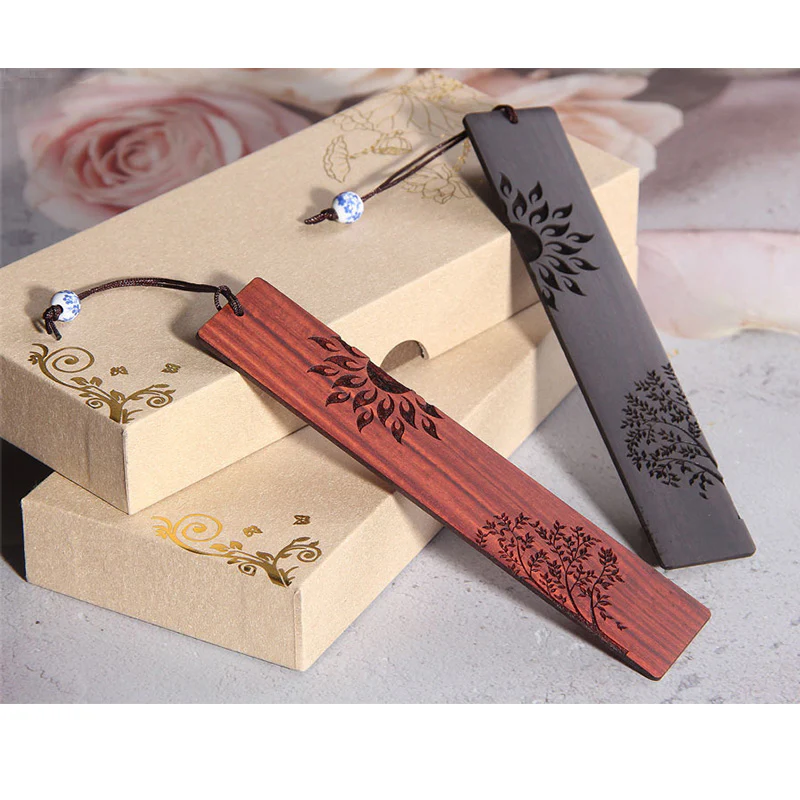 Buddha Stones Sun Tree Ebony Wood Small Leaf Red Sandalwood Bookmarks With Gift Box