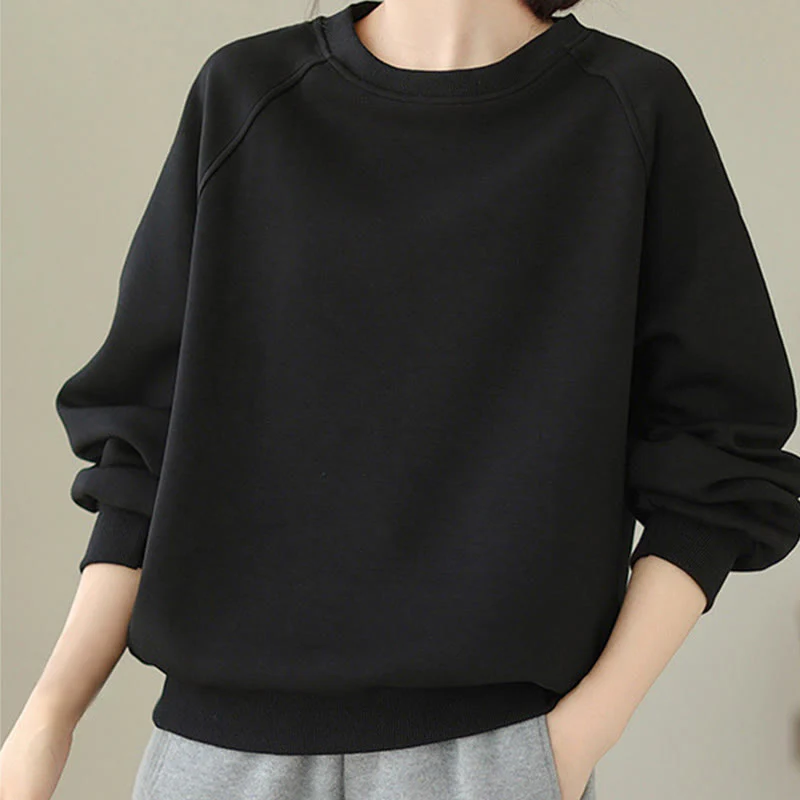 Buddha Stones Fall Plain Crew Neck Cotton Pullover Women's Sweatshirt