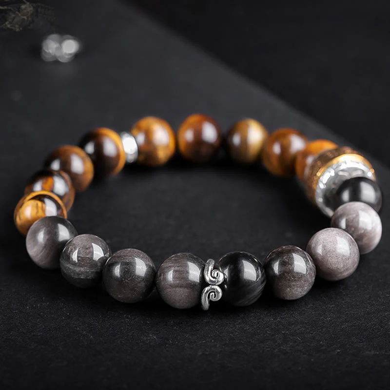 Buddha Stones Natural Silver Sheen Obsidian Tiger's Eye Six True Words 'Om Mani Padme Hum' Strength Bracelet