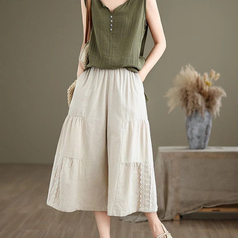 Buddha Stones Casual Plain Lace Splicing Cotton Linen Women's Cropped Wide Leg Pants With Pockets