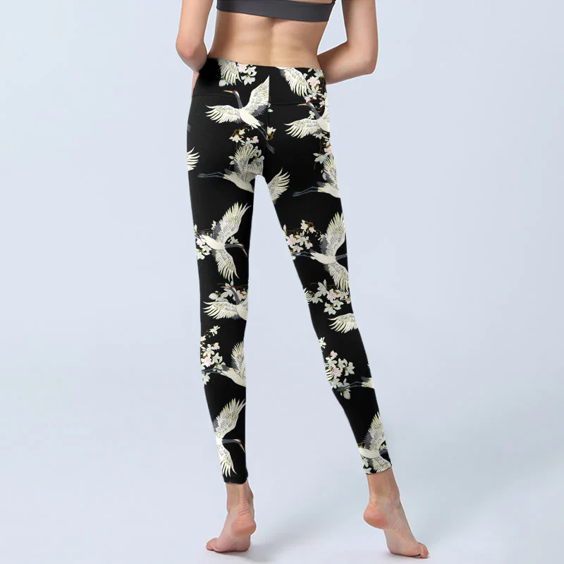 Buddha Stones White Cranes Blossoms Print Gym Leggings Women's Yoga Pants