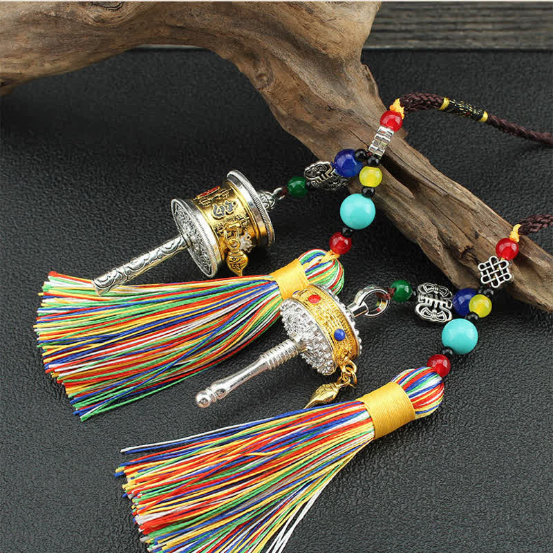 Buddha Stones Tibet Om Mani Padme Hum Prayer Wheel Tassel Bag Car Hanging Decoration