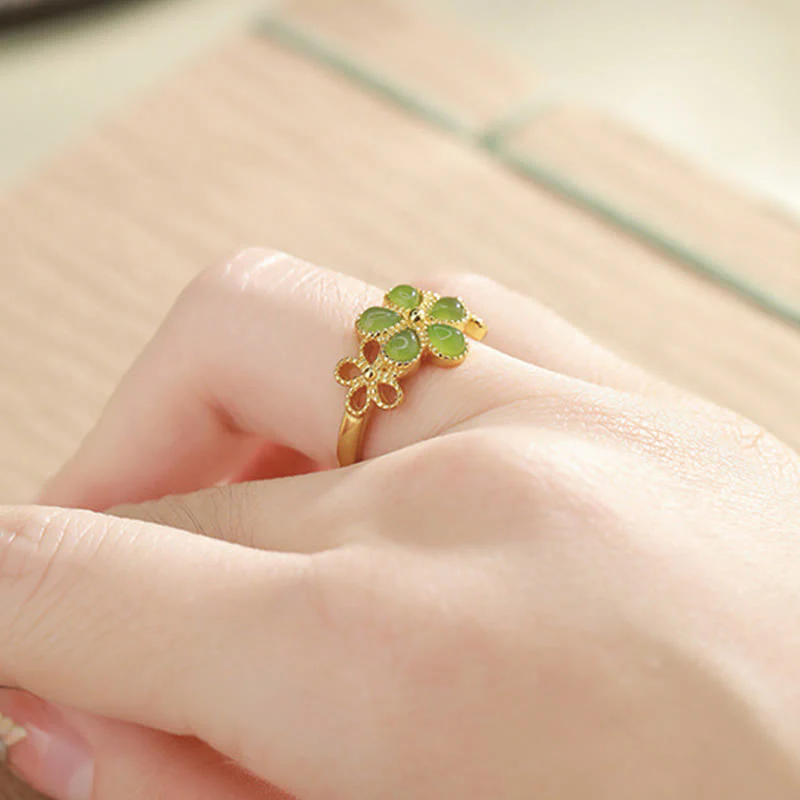 Buddha Stones Natural Hetian Jade 925 Sterling Silver Plated Gold Flower Adjustable Prosperity Ring