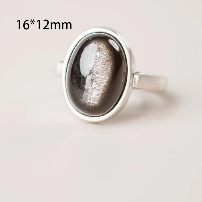 Buddha Stones Natural 925 Sterling Silver Silver Sheen Obsidian Adjustable Protection Ring