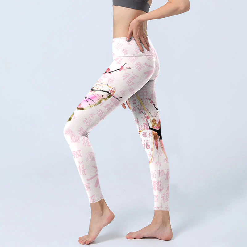 Buddha Stones Butterfly Plum Blossom Fu Character Pattern Print Gym Leggings Women's Yoga Pants