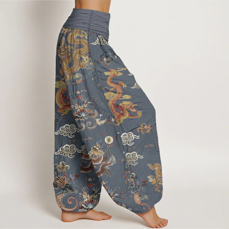 Buddha Stones Pure Cotton Golden Dragons Auspicious Clouds Design Women's Elastic Waist Harem Pants