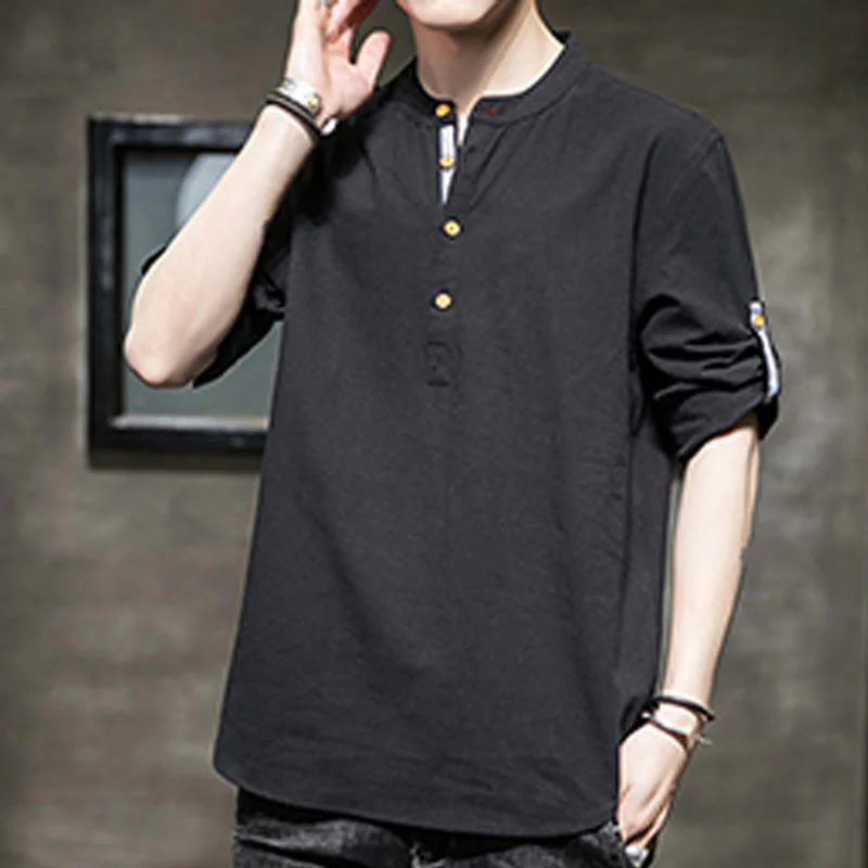 Buddha Stones Summer Solid Men's Half Buttons Half Sleeve Linen Shirt