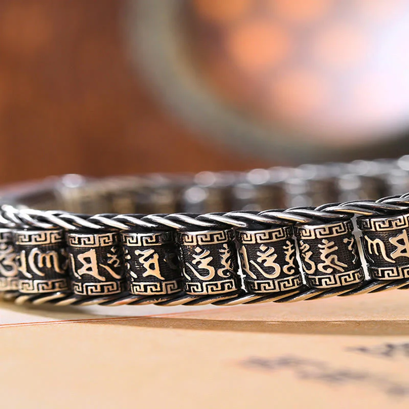 Buddha Stones Tibetan Copper Buckle Om Mani Padme Hum Turntable Rotatable Peace Metal Bracelet