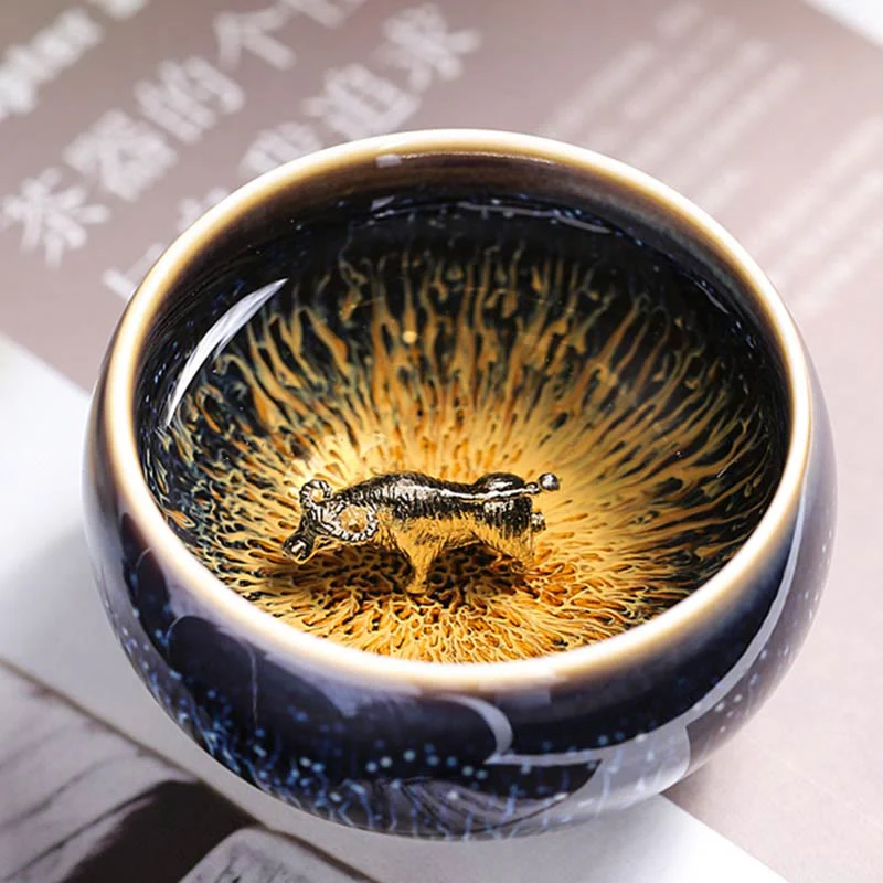 Buddha Stones Handmade Chinese Jianzhan Koi Fish Lotus Dragon Phoenix 12 Chinese Zodiac Ceramic Teacup Kung Fu Tea Cup 70ml