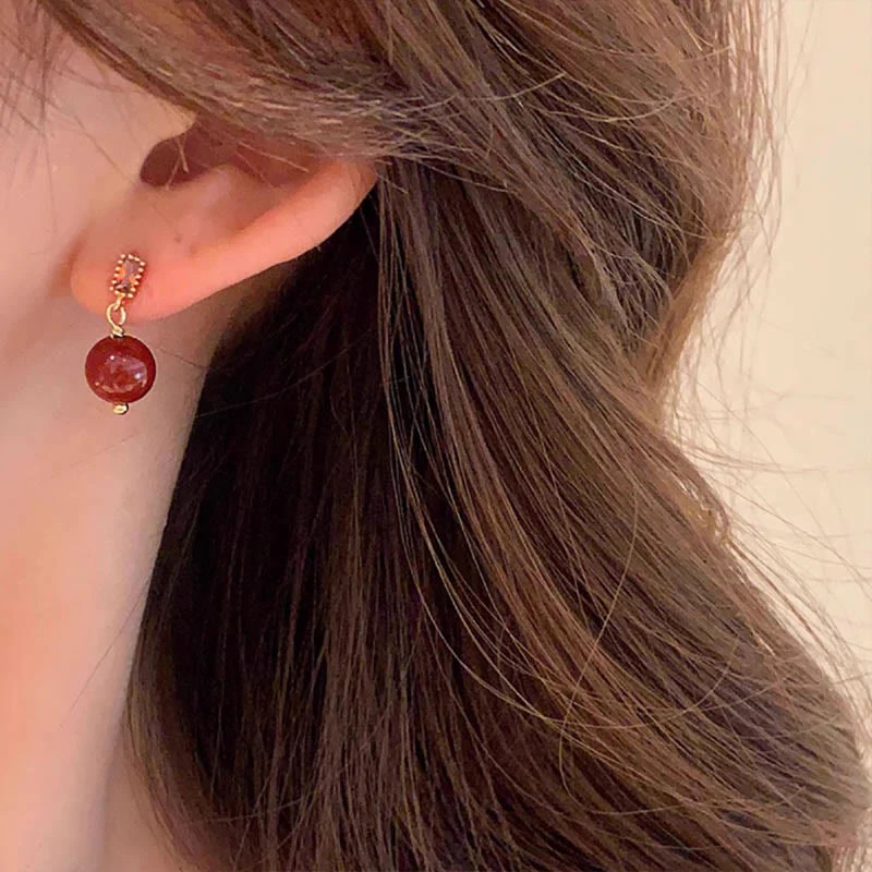 Buddha Stones 925 Sterling Silver Posts 14K Gold Filled Cinnabar Bead Zircon Calm Earrings