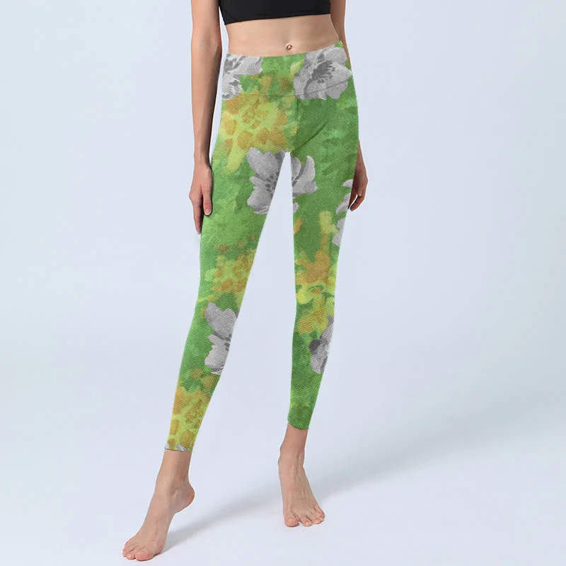 Buddha Stones Yellow-green Gray Flowers Print Sports Fitness Leggings Women's Yoga Pants