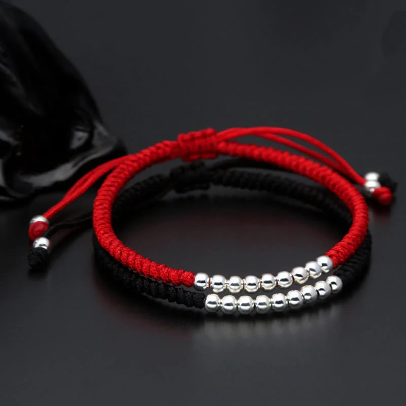 Buddha Stones Retro 925 Sterling Silver Simple Beads Knot Design Luck String Bracelet