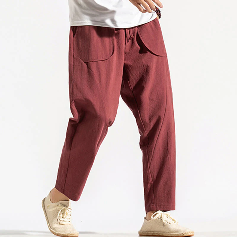 Buddha Stones Retro Casual Drawstring Design Men's Harem Cotton Plain Pants With Pockets