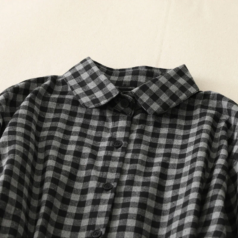 Buddha Stones Black Lace-Up Design Plaid Lapel Cotton Linen Midi Dress With Pockets