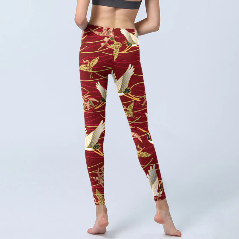 Buddha Stones Flying Cranes Slender Branches Print Gym Leggings Women's Yoga Pants