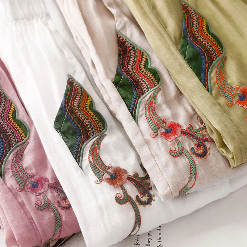 Buddha Stones Summer Embroidery Double Layer Cotton Linen Women's Wide Leg Pants With Pockets