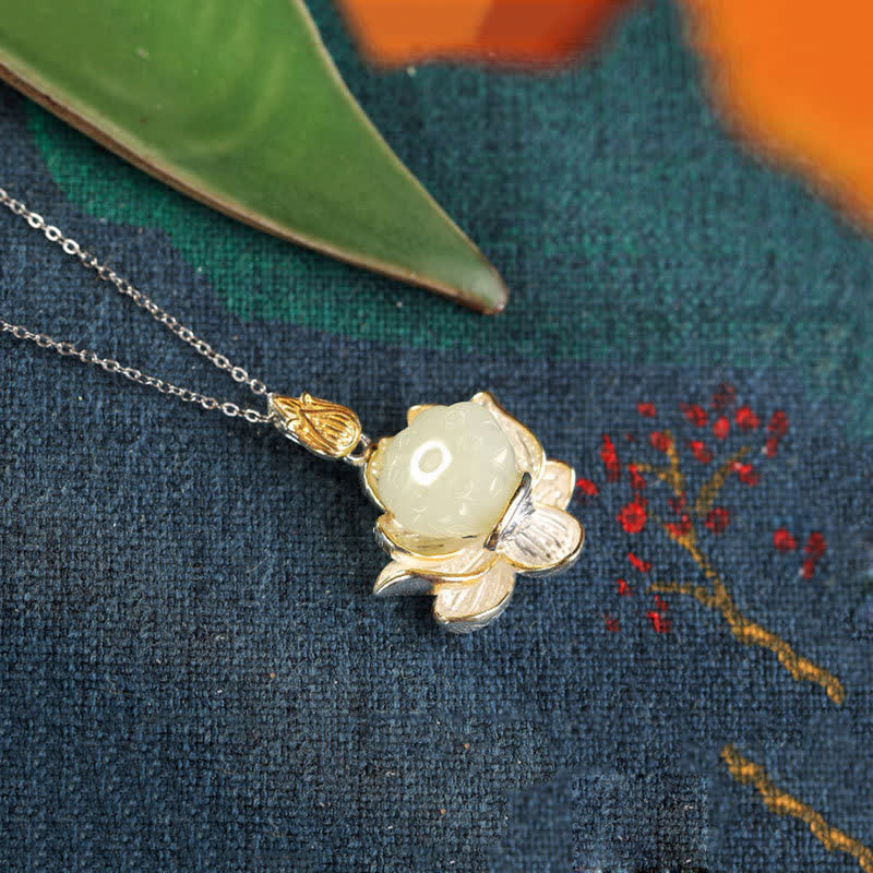Buddha Stones White Jade Lotus Flower Happiness Necklace