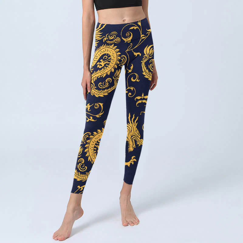 Buddha Stones Golden Dragons Vine Print Gym Leggings Women's Yoga Pants