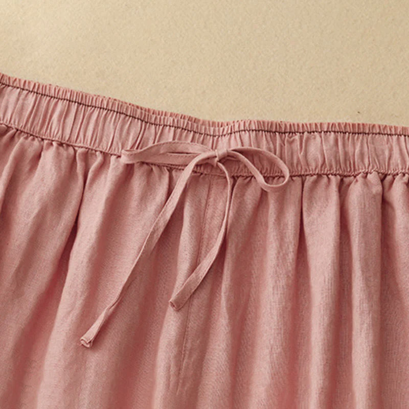 Buddha Stones Casual Embroidered Petals Women's Cotton Linen 7-8 Length Harem Pants With Pockets