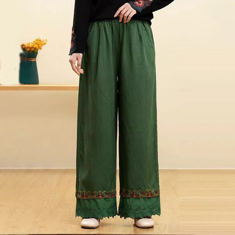 Buddha Stones Casual Embroidered Lace Cotton Linen Women's Wide Leg Pants With Pockets