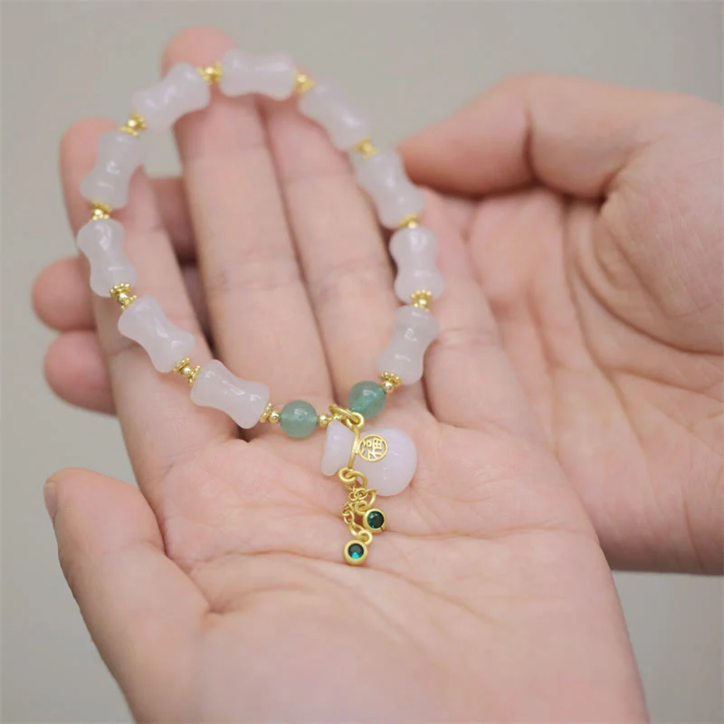 Buddha Stones Natural White Golden Silk Jade Bamboo Pattern Wealth Lucky Bag Fu Character Bracelet