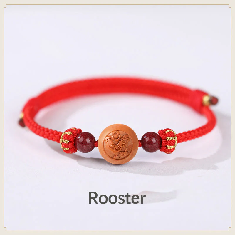 Buddha Stones Natural Peach Wood Chinese Zodiac Fu Character Carved Cinnabar Wealth Bracelet
