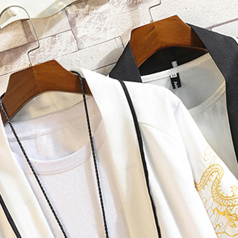 Buddha Stones Embroidery Dragon Phoenix Auspicious Cloud Waves Leaves Cranes Open Front Jacket Men's Kimono