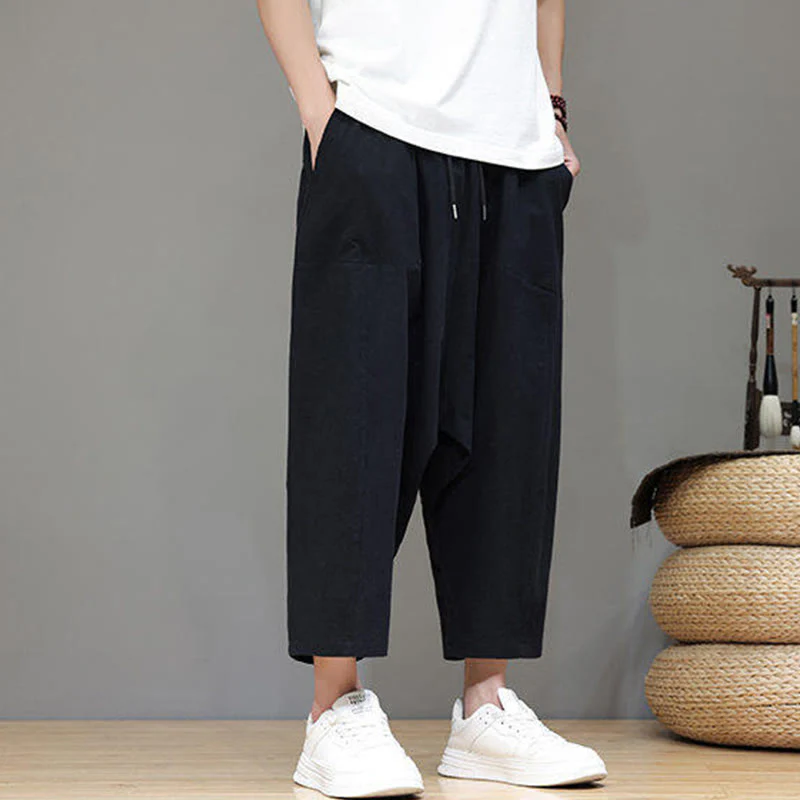 Buddha Stones Casual Plain Low Crotch Design Drawstring Men's Cotton Elastic Waistband Wide Leg Pants With Pockets