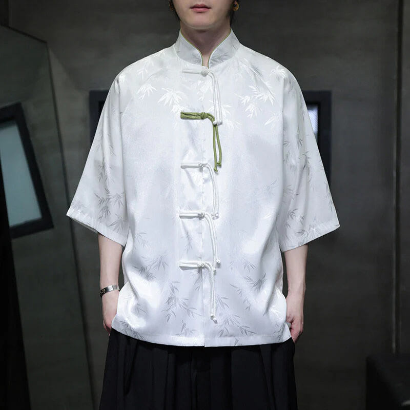 Buddha Stones Jacquard Bamboo Pattern Chinese Frog-Button Stand Collar Tang Suit Men's Cotton Shirt