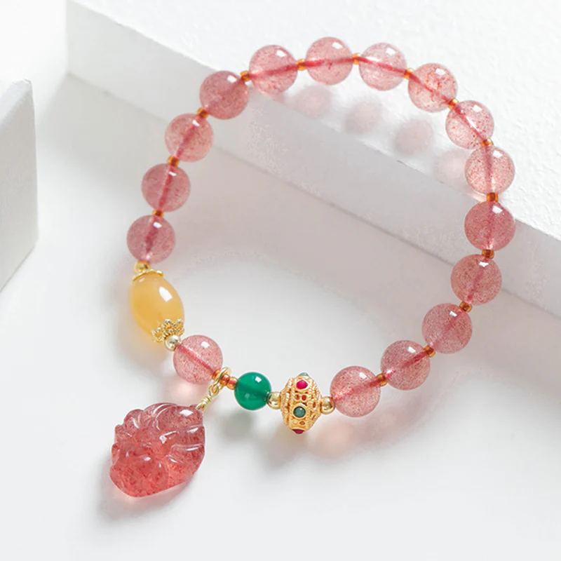 Buddha Stones Natural Strawberry Quartz Nine Tailed Fox Healing Bracelet