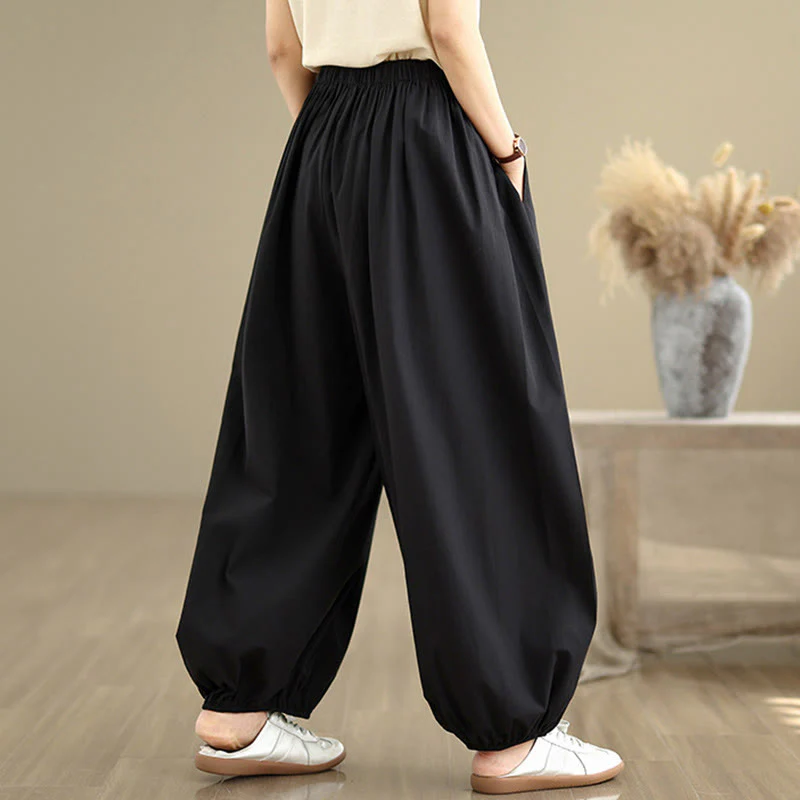 Buddha Stones Commute Summer Plain Women's Cotton Bloomers Pants With Pockets