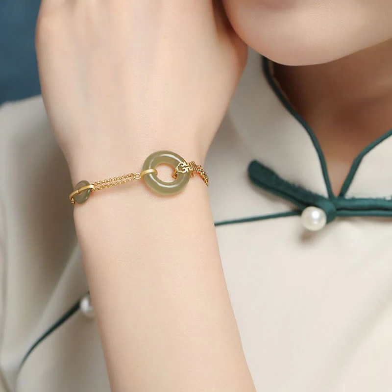 Buddha Stones Round Jade Peace Buckle Gourd Fu Character Auspicious Prosperity Chain Bracelet