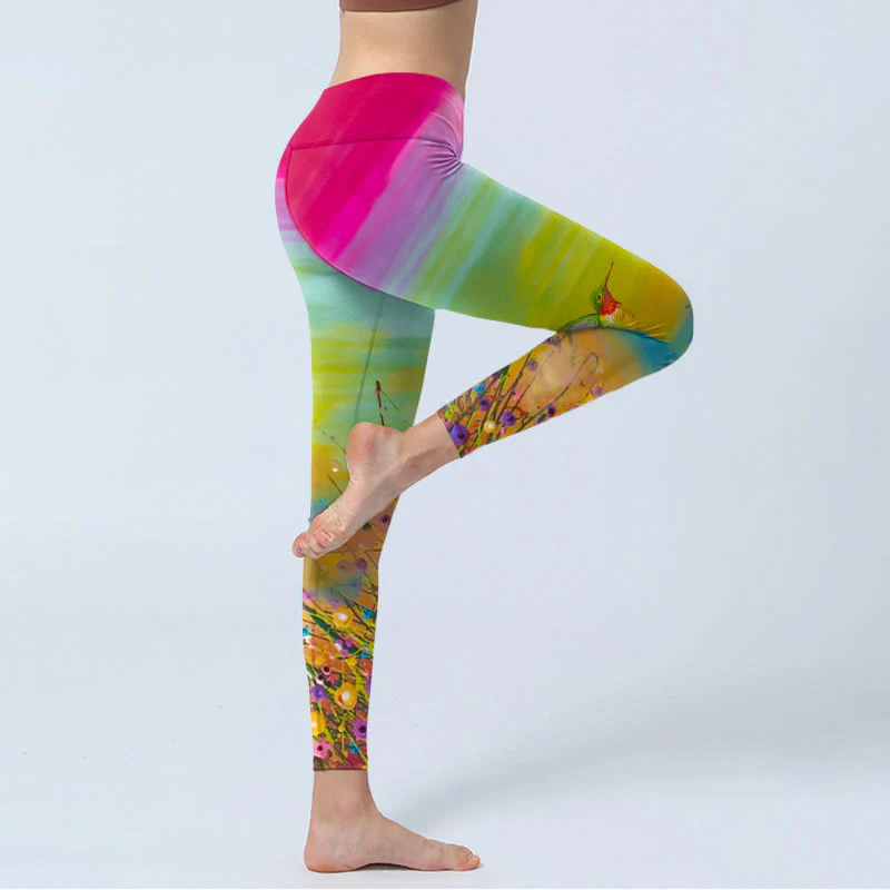 Buddha Stones Blooming Flower Bird Pattern Print Gym Leggings Women's Yoga Pants