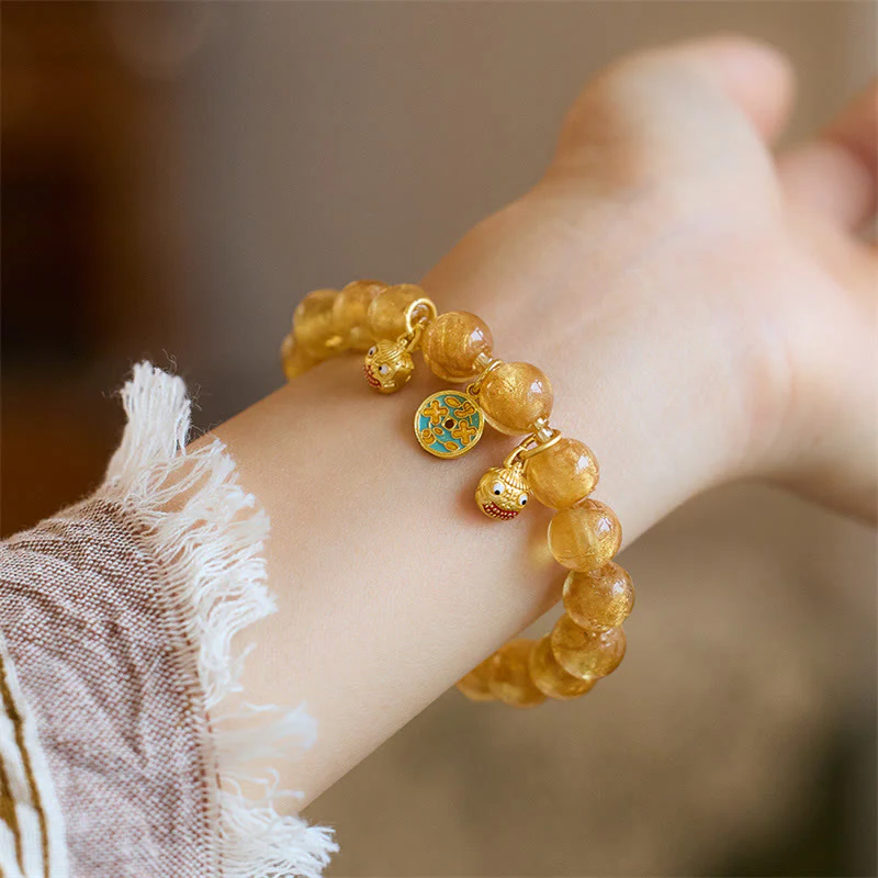 Buddha Stones Gold Swallowing Beast Copper Coin Good Luck Charm Liuli Glass Bead Fortune Bracelet