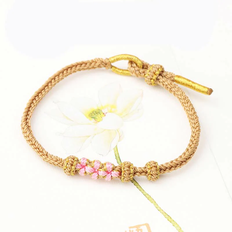 Buddha Stones Handmade Three Peach Blossoms Luck Eight Strands Braided String Bracelet