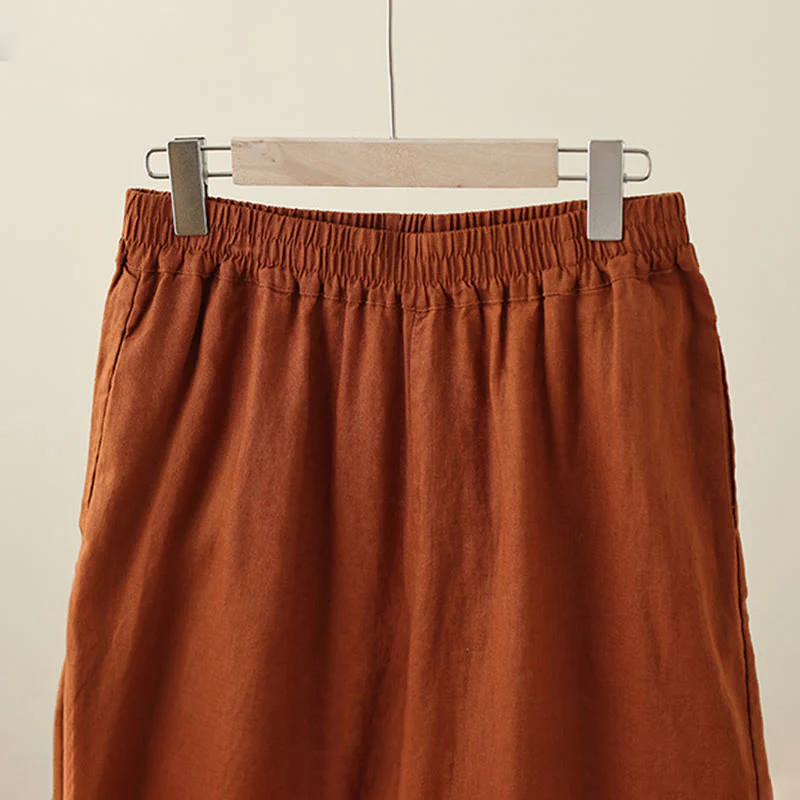 Buddha Stones Commute Retro Plain Lace Patchwork Design 7-8 Length Women's Wide Leg Cotton Pants With Pockets