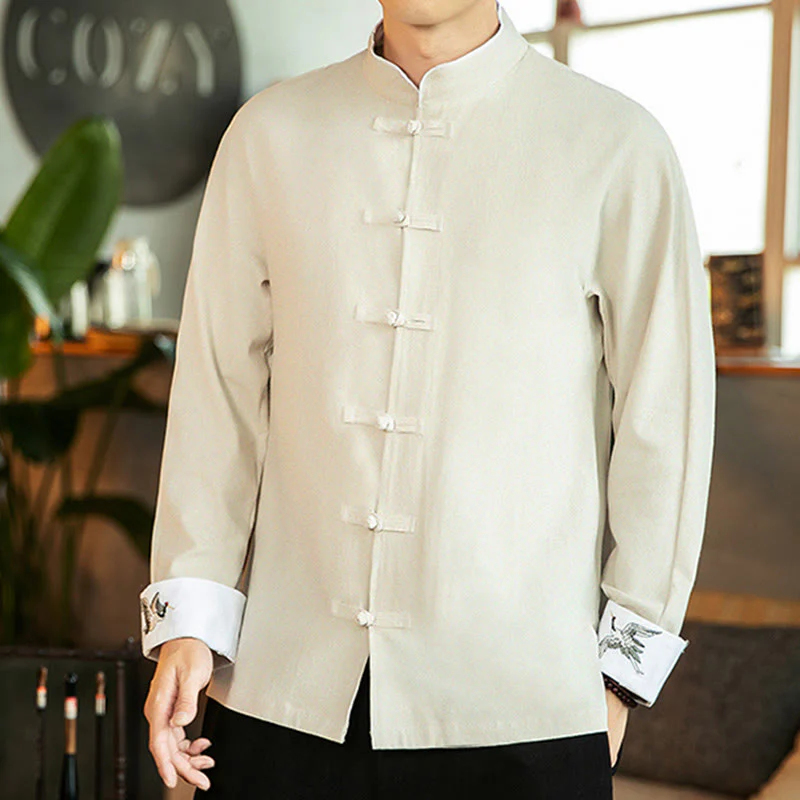 Buddha Stones Tang Suit Frog-Button Crane Embroidery Long Sleeve Cotton Men's Shirt
