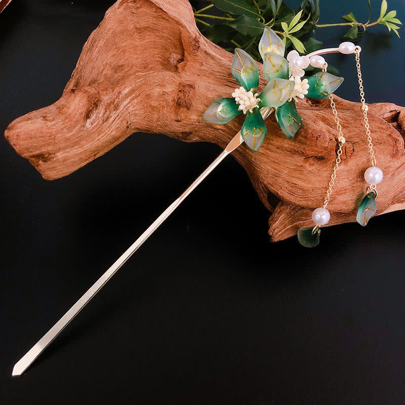 Buddha Stones Flower Leaf Pearl Peace Tassel Hairpin