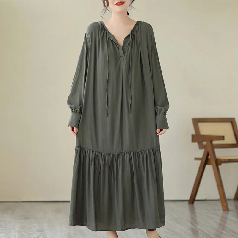 Buddha Stones Casual Plain Two-sided Style Dress Chiffon Midi Dress With Pockets