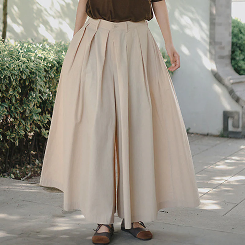 Buddha Stones Casual Plain Loose Cotton Women's Wide Leg Pants With Pockets